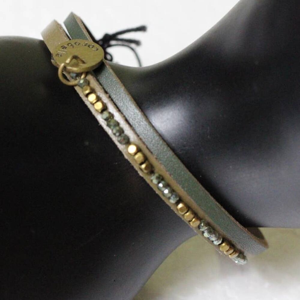Anthropologie X Cocobelle Green Leather Gold Beaded Bracelet ~ NEW